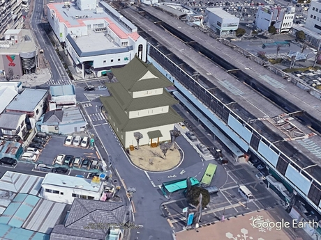 Google Earth上でJR古河駅西口ロータリーと御三階櫓を合成した画像