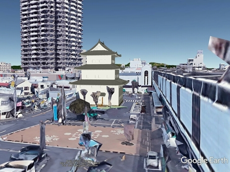 Google Earth上でJR古河駅西口ロータリーと御三階櫓を合成した画像