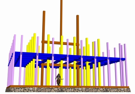 御三階櫓１層目の側柱・縁側柱・桁梁ＣＧ画像