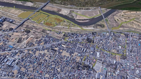 Google Earth上に古河城ＣＧを読み込んだ画像